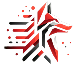 A fancy red and black wolf made out of polygons and blank spaces.